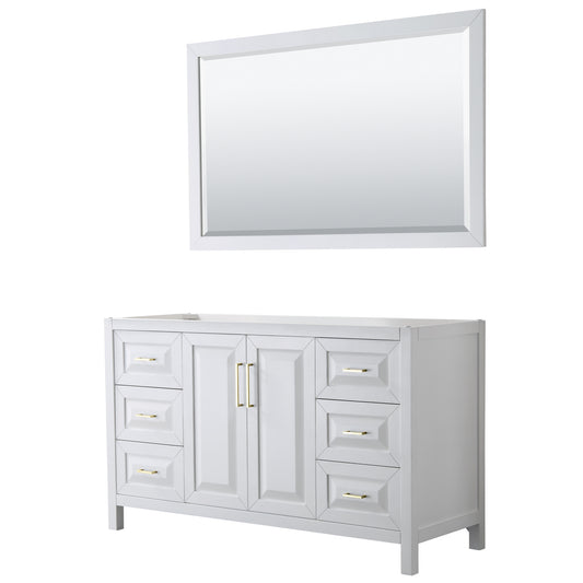 Wyndham Collection Daria 60 Inch Single Bathroom Vanity in White, No Countertop, No Sink, 58 Inch Mirror, Brushed Gold Trim - Luxe Bathroom Vanities