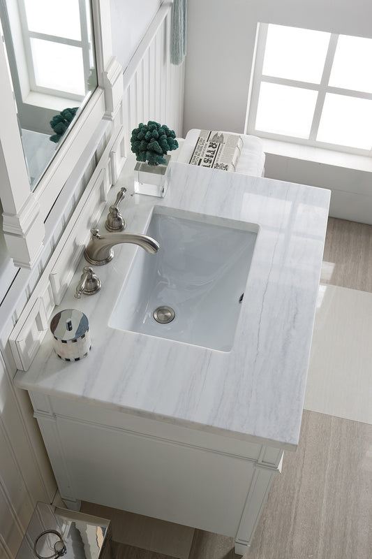 James Martin Brittany 30" Single Vanity, Bright White w/ 3 CM Top - Luxe Bathroom Vanities