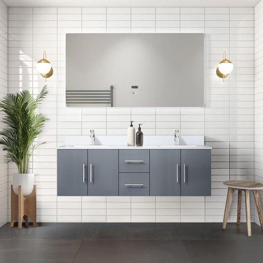 Lexora Collection Geneva 60 inch Double Bath Vanity, White Quartz Top, Faucet Set, and 60 inch LED Mirror - Luxe Bathroom Vanities