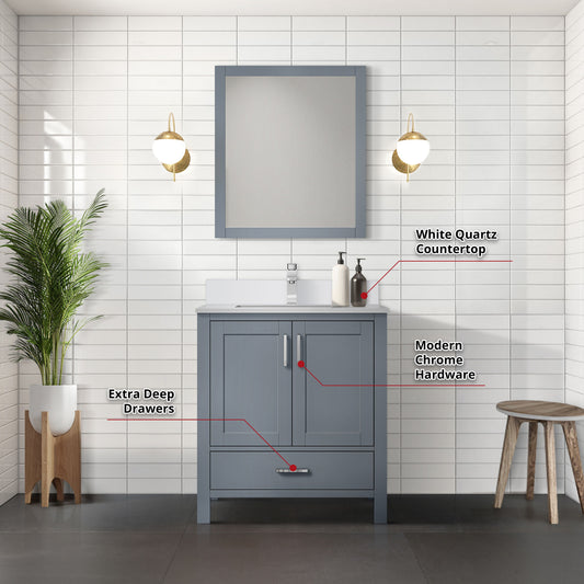 Lexora Collection Jacques 30 inch Bath Vanity, White Quartz Top, Faucet Set, and 28 inch Mirror - Luxe Bathroom Vanities