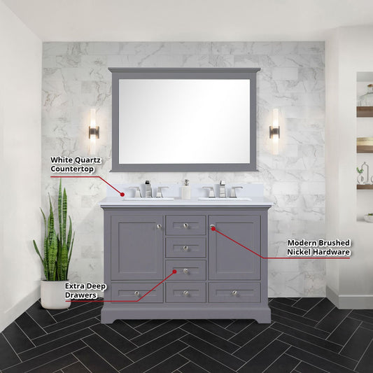 Lexora Collection Dukes 48 inch Double Bath Vanity, White Quartz Top, and 46 inch Mirror - Luxe Bathroom Vanities