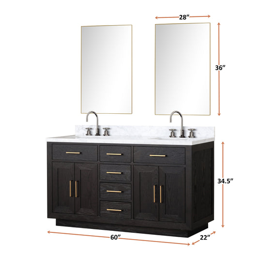 Lexora Collection Abbey 60 inch Double Bath Vanity, Carrara Marble Top, and 28 inch Mirrors - Luxe Bathroom Vanities
