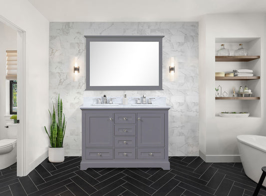 Lexora Collection Dukes 48 inch Double Bath Vanity, Carrara Marble Top, Faucet Set, 46 inch Mirror - Luxe Bathroom Vanities