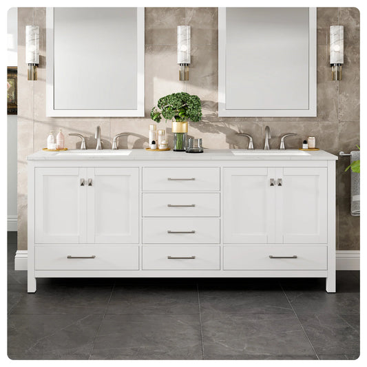 Eviva Aberdeen 78" Transitional White Bathroom Vanity with White Carrera Countertop - Luxe Bathroom Vanities