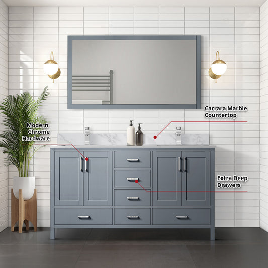 Lexora Collection Jacques 60 inch Double Bath Vanity, Top, and 58 inch Mirror - Luxe Bathroom Vanities
