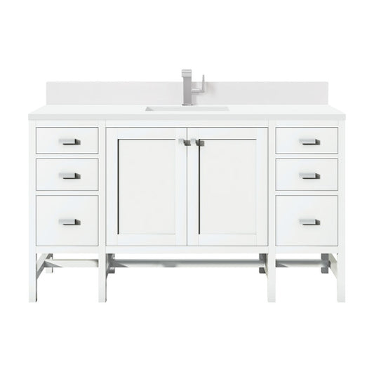Addison 60" Single Vanity, Glossy White w/ Single Hole 3 CM White Zeus Silestone Top & Backsplash - Luxe Bathroom Vanities