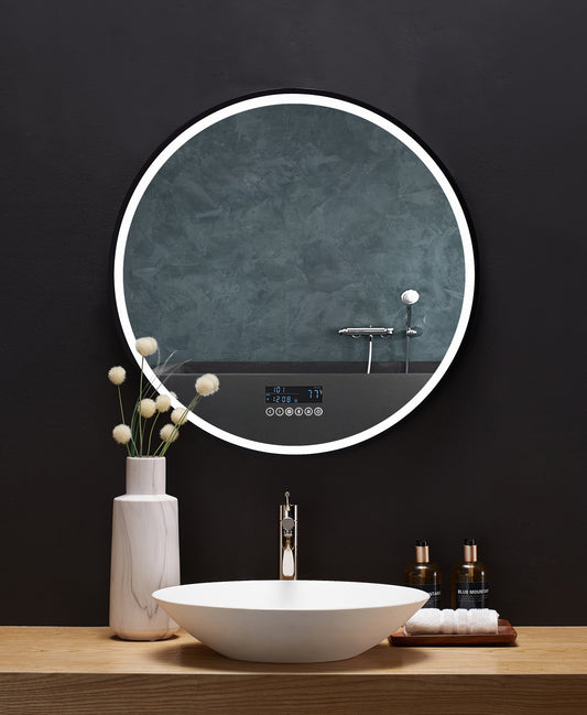 CIRQUE 30 in. Round LED Black Framed Mirror with Bluetooth, Defogger, and Digital Display - Luxe Bathroom Vanities