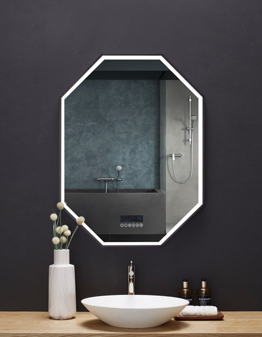 OTTO 30 in. x 40 in. LED Octagon Black Framed Mirror with Bluetooth and Digital Display - Luxe Bathroom Vanities