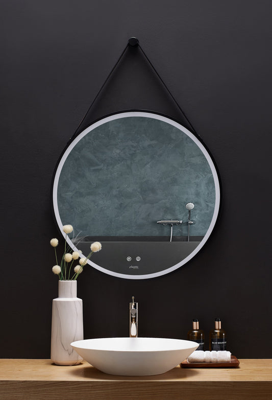 SANGLE 24 in. Round LED Black Framed Mirror with Defogger and Vegan Leather Strap - Luxe Bathroom Vanities