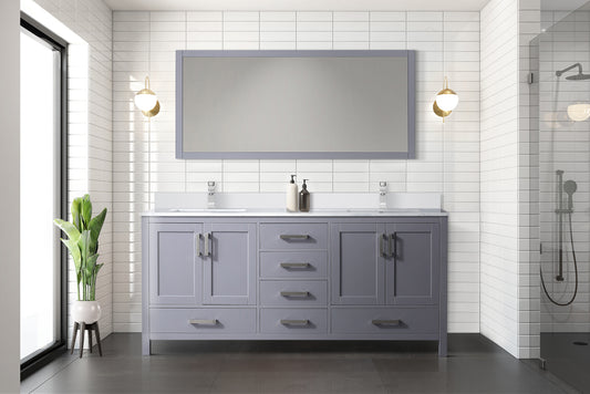 Lexora Collection Jacques 72 inch Double Bath Vanity, White Quartz Top, Faucet Set, and 70 inch Mirror - Luxe Bathroom Vanities