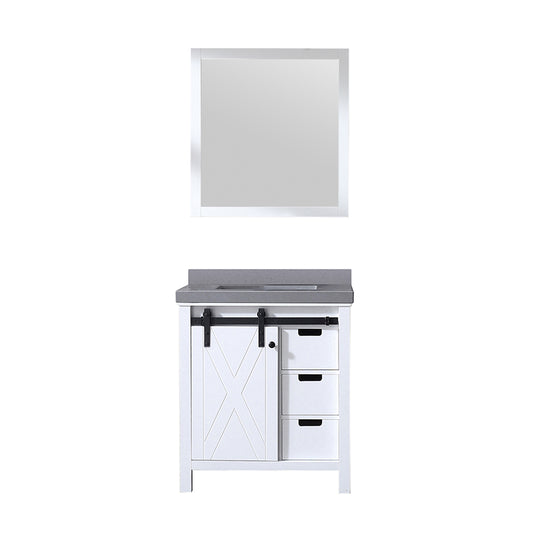 Lexora Collection Marsyas 30 inch White Bath Vanity and Grey Quartz Countertop and 28 inch Mirror - Luxe Bathroom Vanities