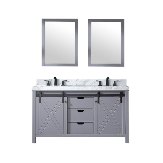 Lexora Collection Marsyas 60 inch Dark Grey Double Bath Vanity, Carrara Marble Countertop, Faucet Set and 24 inch Mirrors - Luxe Bathroom Vanities
