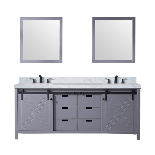 Lexora Collection Marsyas 80 inch Dark Grey Double Bath Vanity, Carrara Marble Countertop, Faucet Set and 30 inch Mirrors - Luxe Bathroom Vanities