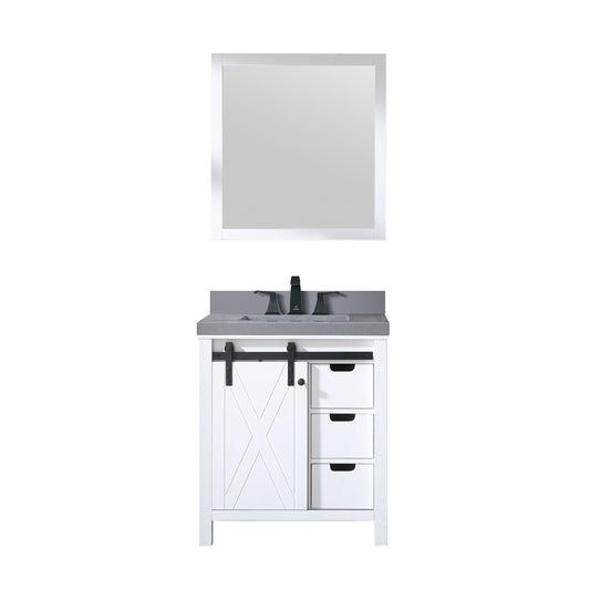 Lexora Collection Marsyas 30 inch White Bath Vanity, Grey Quartz Countertop, Faucet Set and 28 inch Mirror - Luxe Bathroom Vanities