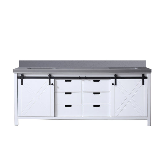 Lexora Collection Marsyas 84 inch White Double Bath Vanity and Grey Quartz Countertop - Luxe Bathroom Vanities