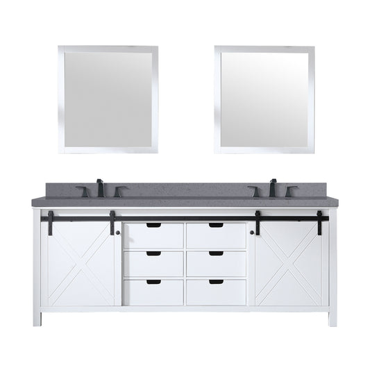 Lexora Collection Marsyas 84 inch White Double Bath Vanity, Grey Quartz Countertop, Faucet Set and 34 inch Mirrors - Luxe Bathroom Vanities