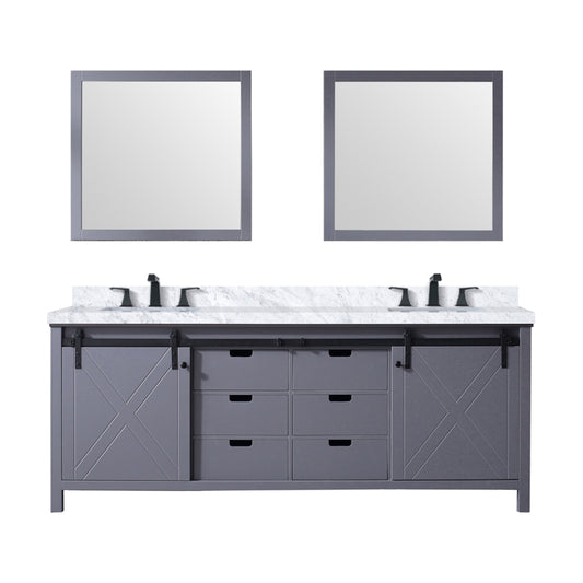 Lexora Collection Marsyas 84 inch Dark Grey Double Bath Vanity, Carrara Marble Countertop, Faucet Set and 34 inch Mirrors - Luxe Bathroom Vanities