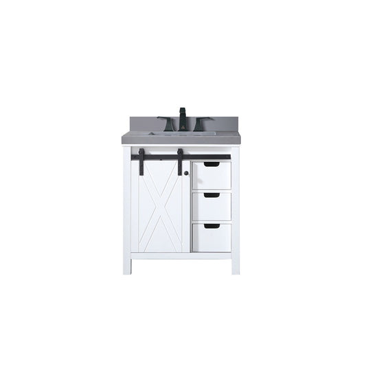Lexora Collection Marsyas 30 inch White Bath Vanity, Grey Quartz Countertop and Faucet Set - Luxe Bathroom Vanities