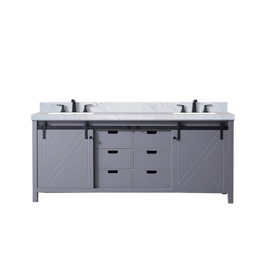 Lexora Collection Marsyas 80 inch Dark Grey Double Bath Vanity, Carrara Marble Countertop and Faucet Set - Luxe Bathroom Vanities