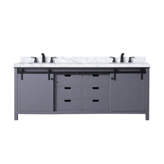 Lexora Collection Marsyas 84 inch Dark Grey Double Bath Vanity, Carrara Marble Countertop and Faucet Set - Luxe Bathroom Vanities