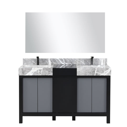 Lexora Collection Zilara 55 inch Black and Grey Double Bath Vanity, Castle Grey Marble Top, Faucet Set and 53 inch Mirror - Luxe Bathroom Vanities