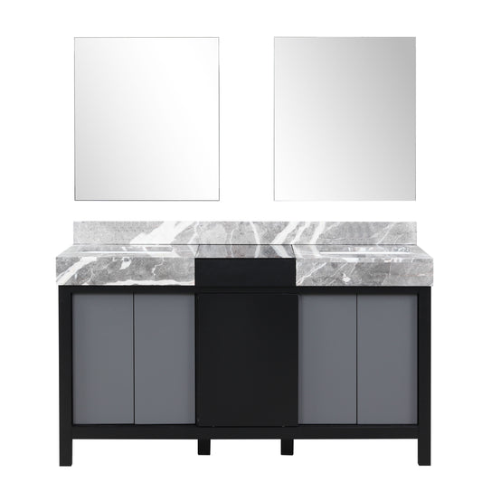 Lexora Collection Zilara 60 inch Black and Grey Double Bath Vanity, Castle Grey Marble Top and 28 in Mirrors - Luxe Bathroom Vanities