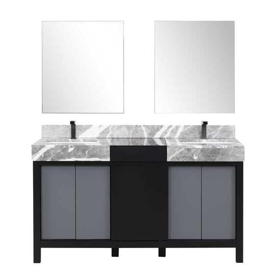 Lexora Collection Zilara 60 inch Black and Grey Double Bath Vanity, Castle Grey Marble Top, Faucet Set and 28 inch Mirrors - Luxe Bathroom Vanities