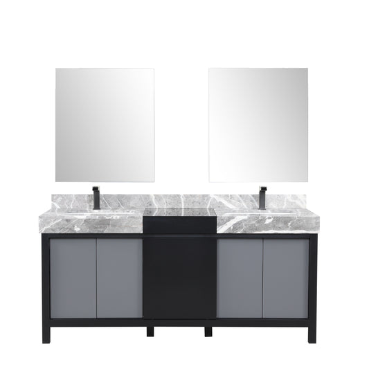 Lexora Collection Zilara 72 inch Black and Grey Double Bath Vanity, Castle Grey Marble Top, Faucet Set and 28 inch Mirrors - Luxe Bathroom Vanities