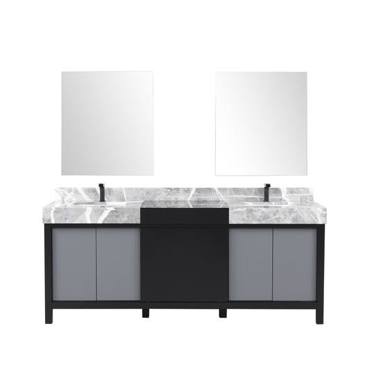 Lexora Collection Zilara 80 inch Black and Grey Double Bath Vanity, Castle Grey Marble Top, Faucet Set and 30 inch Mirrors - Luxe Bathroom Vanities