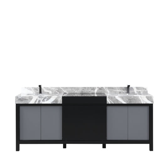 Lexora Collection Zilara 84 inch Black and Grey Double Bath Vanity, Castle Grey Marble Top and Faucet Set - Luxe Bathroom Vanities