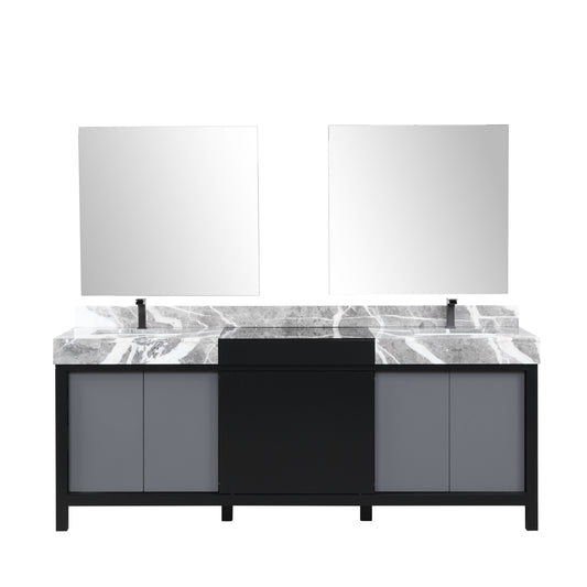 Lexora Collection Zilara 84 inch Black and Grey Double Bath Vanity, Castle Grey Marble Top, Faucet Set and 34 inch Mirrors - Luxe Bathroom Vanities