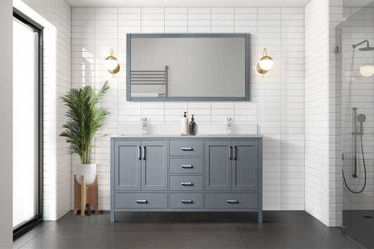 Lexora Collection Jacques 60 inch Double Bath Vanity, White Quartz Top, Faucet Set, and 58 inch Mirror - Luxe Bathroom Vanities
