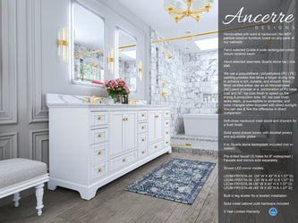 Ancerre Designs Audrey 84 in. Bath Vanity Set in White with Quartz Calacatta Laza Vanity top and White Undermount Basin with Gold Hardware - Luxe Bathroom Vanities