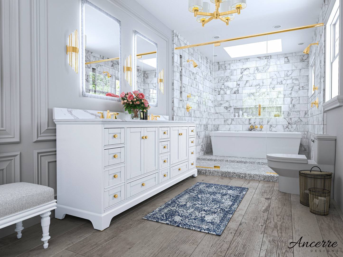 Ancerre Designs Audrey 84 in. Bath Vanity Set in White with Quartz Calacatta Laza Vanity top and White Undermount Basin with Gold Hardware - Luxe Bathroom Vanities