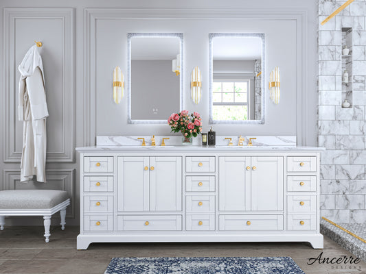 Ancerre Designs Audrey 84 in. Bath Vanity Set in White with Quartz Calacatta Laza Vanity top and White Undermount Basin with Gold Hardware - Luxe Bathroom Vanities