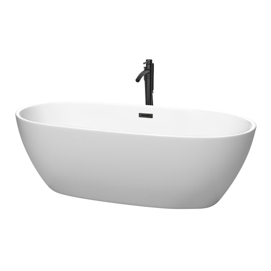 Wyndham Collection Juno 71 Inch Freestanding Bathtub in Matte White with Floor Mounted Faucet, Drain and Overflow Trim in Matte Black - Luxe Bathroom Vanities