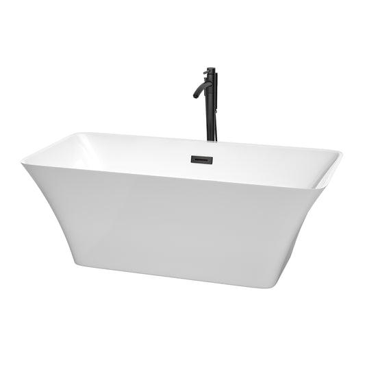 Wyndham Collection Tiffany 59 Inch Freestanding Bathtub in White with Floor Mounted Faucet, Drain and Overflow Trim in Matte Black - Luxe Bathroom Vanities