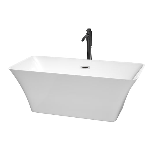 Wyndham Collection Tiffany 59 Inch Freestanding Bathtub in White with Floor Mounted Faucet, Drain and Overflow Trim - Luxe Bathroom Vanities