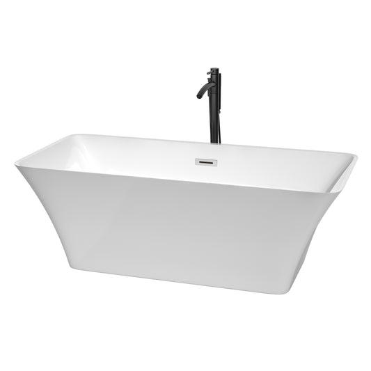 Wyndham Collection Tiffany 67 Inch Freestanding Bathtub in White with Floor Mounted Faucet, Drain and Overflow Trim - Luxe Bathroom Vanities