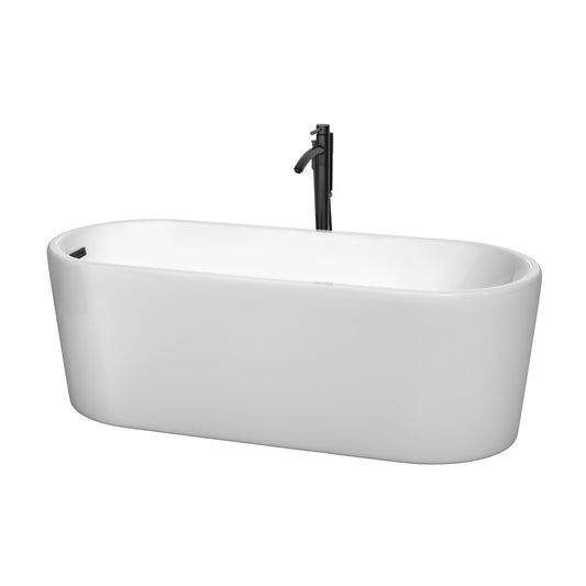Wyndham Collection Ursula 67 Inch Freestanding Bathtub in White with Floor Mounted Faucet, Drain and Overflow Trim in Matte Black - Luxe Bathroom Vanities