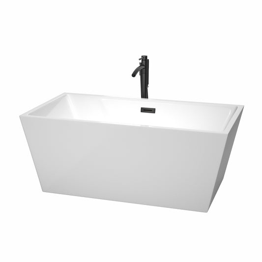 Wyndham Collection Sara 59 Inch Freestanding Bathtub in White with Floor Mounted Faucet, Drain and Overflow Trim in Matte Black - Luxe Bathroom Vanities