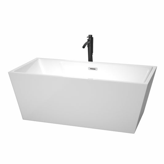 Wyndham Collection Sara 63 Inch Freestanding Bathtub in White with Floor Mounted Faucet, Drain and Overflow Trim - Luxe Bathroom Vanities