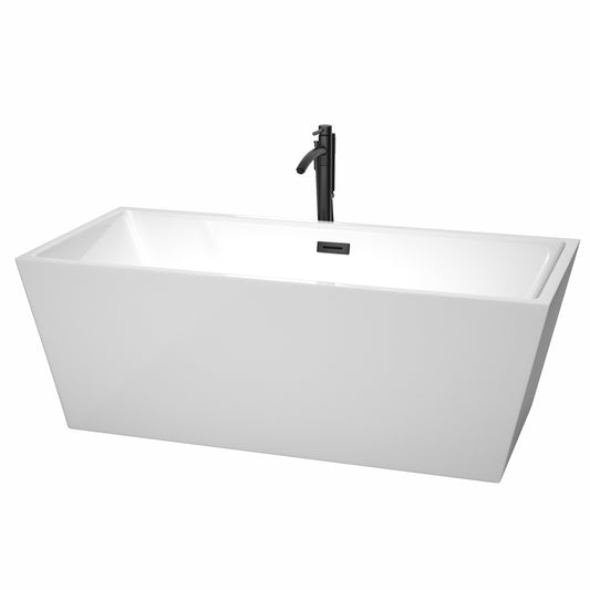 Wyndham Collection Sara 67 Inch Freestanding Bathtub in White with Floor Mounted Faucet, Drain and Overflow Trim in Matte Black - Luxe Bathroom Vanities