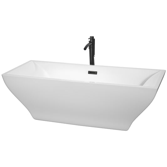 Wyndham Collection Maryam 71 Inch Freestanding Bathtub in White with Floor Mounted Faucet, Drain and Overflow Trim in Matte Black - Luxe Bathroom Vanities