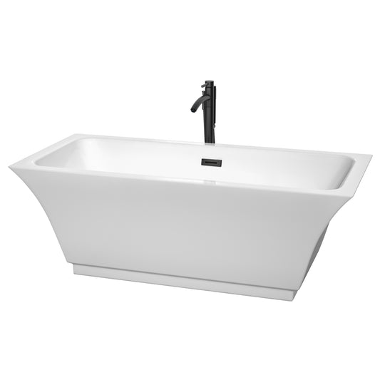 Wyndham Collection Galina 67 Inch Freestanding Bathtub in White with Floor Mounted Faucet, Drain and Overflow Trim in Matte Black - Luxe Bathroom Vanities
