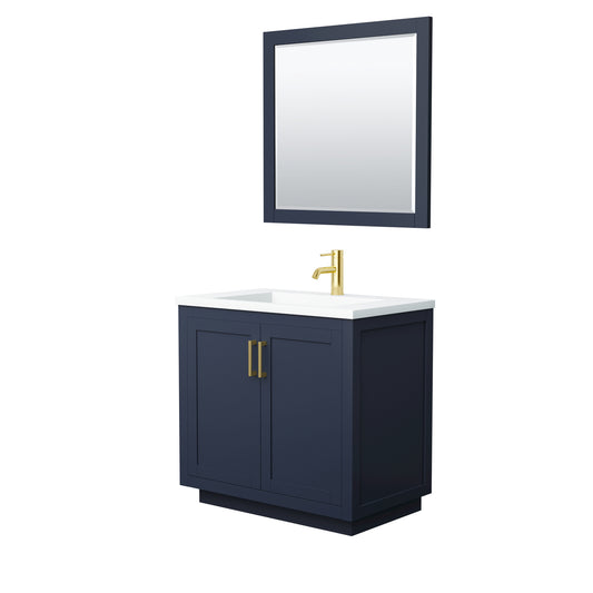 Wyndham Collection Miranda 36 Inch Single Bathroom Vanity in Dark Blue, 1.25 Inch Thick Matte White Solid Surface Countertop, Integrated Sink, Brushed Gold Trim, 34 Inch Mirror - Luxe Bathroom Vanities