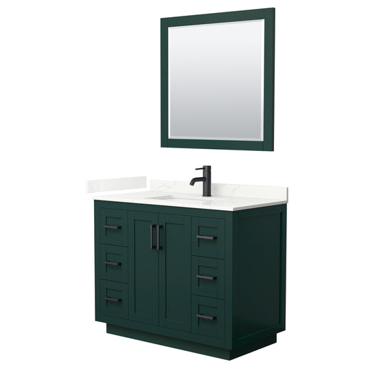 Wyndham Collection Miranda 42 Inch Single Bathroom Vanity in Green, Quartz Countertop, Undermount Square Sink, Matte Black Trim - Luxe Bathroom Vanities