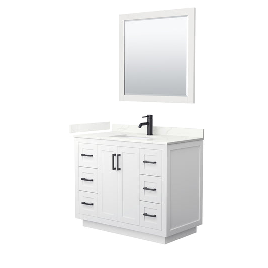 Wyndham Collection Miranda 42 Inch Single Bathroom Vanity in White, Quartz Countertop, Undermount Square Sink, Matte Black Trim - Luxe Bathroom Vanities