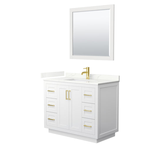 Wyndham Collection Miranda 42 Inch Single Bathroom Vanity in White, Quartz Countertop, Undermount Square Sink, Brushed Gold Trim - Luxe Bathroom Vanities