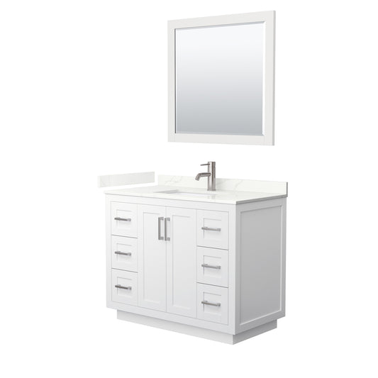 Wyndham Collection Miranda 42 Inch Single Bathroom Vanity in White, Quartz Countertop, Undermount Square Sink, Brushed Nickel Trim - Luxe Bathroom Vanities